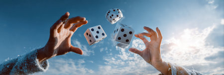 Fingers skillfully toss dice in a virtual reality casino, creating an engaging atmosphere under a bright sky, indicative of advanced technology.の素材