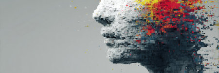 A human head is depicted emerging from a swirl of digital pixels, symbolizing the fusion of human creativity and technological advancement in contemporary art.の素材