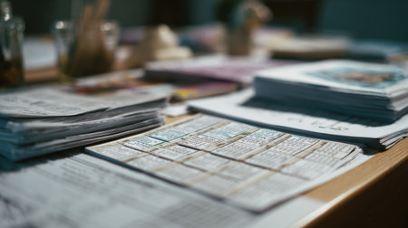 Study flashcards are neatly laid out in a grid on a wooden desk, while books and materials create a cozy study environment during daylight hoursの素材