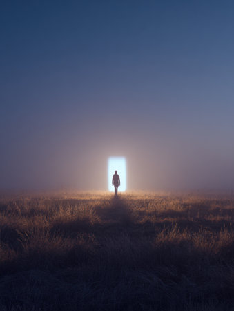 A figure with a radiant aura walks confidently through a vast field, embodying new beginnings and endless opportunities under twilight.の素材