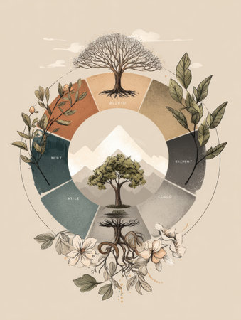 Concept of a growth wheel illustrating key elements like body, mind, purpose, and connection, set against a peaceful and calming backdrop, promoting reflection.の素材