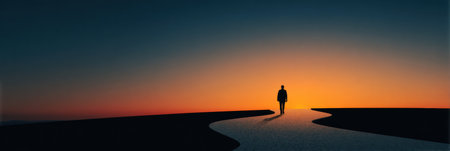 A figure strolls on a curved path toward a glowing horizon, symbolizing personal growth and exploring new possibilities at dusk.の素材