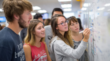 Group of students actively discussing and writing ideas on a whiteboard wall while brainstorming for a detailed project during a class activityの素材