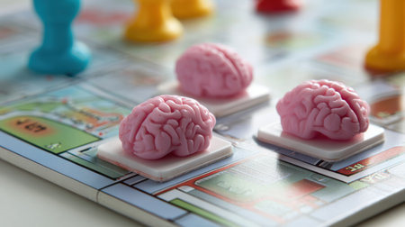Colorful brain-shaped game pieces are arranged on a board designed for an engaging strategy game, promoting mental challenges and fun interactions.の素材