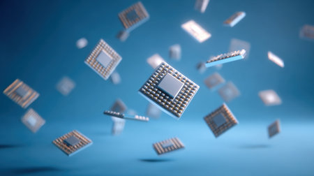 Chips float gracefully in slow motion against a clean blue backdrop, showing intricate designs and textures in a mesmerizing display of technology.の素材