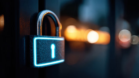 A glowing padlock against a dark backdrop highlights the importance of security and personal data protection after breaches.の素材