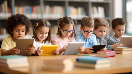 Diverse students utilizing tablets and books in a collaborative learning environment at a library, emphasizing various learning styles and engagements.の素材