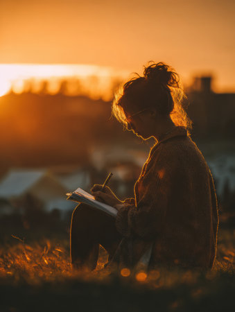 At sunrise, a student sits in a field writing in a journal, surrounded by warm tones and an expansive view, embracing the calm of early morning.の素材
