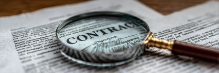 A hidden clause on a contract is scrutinized under a magnifying glass, highlighting the importance of clarity in legal documentation during negotiations.の素材
