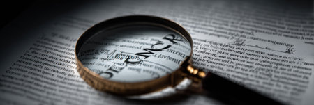 Under a magnifying glass, a hidden contract clause is unveiled, emphasizing intricate fine print in a serious office environment.の素材