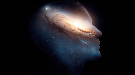 A human head profile reveals a galaxy inside the brain, surrounded by an expansive space, inviting reflection on knowledge and the universe.の素材