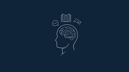 Minimal line art illustration shows a human head silhouette with a brain, book, and chat icons hovering above, perfect for educational themes.の素材
