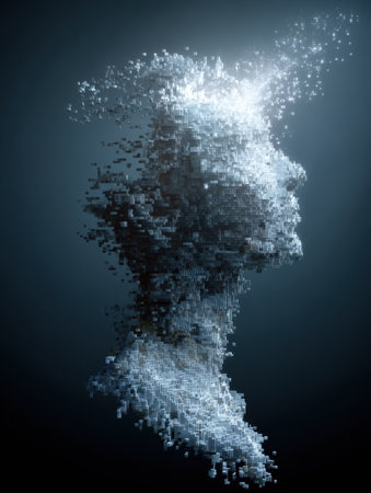 A human head dissolves into glowing pixels, transforming from physical form to digital art in a captivating display.の素材