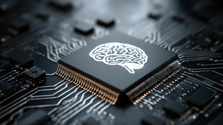 A brain silhouette with a microchip shows the blend of technology and human mind, symbolizing future cognitive enhancement.の素材