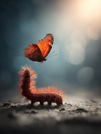 A vibrant caterpillar transitions into a butterfly, representing a powerful transformation journey in a clean and uplifting setting.の素材