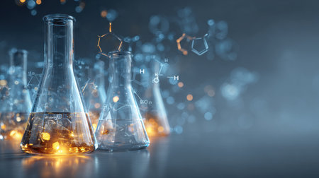 Floating flasks filled with liquid are surrounded by glowing chemical formulas, creating a vibrant and engaging atmosphere in a virtual chemistry lab setting.の素材