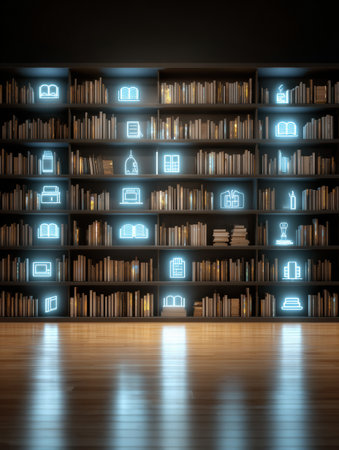 Innovative library design showcases digital shelves adorned with glowing book icons, creating a contemporary and inviting atmosphere for readers.の素材