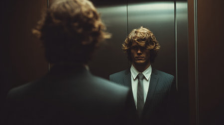 A young adult stands before a mirror in an elevator, contemplating their future self in a business suit, surrounded by an empty, upper space.の素材