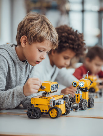 Students enthusiastically learn about robotics by creating and programming gadgets in a bright and organized classroom environment focused on technologyの素材