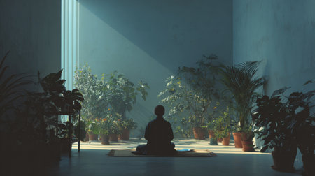In a minimalistic room filled with lush plants, a woman sits in meditation with an open notebook nearby, fostering a calm and peaceful environment.の素材