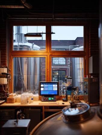 Brewery lab displays a brewing monitor with visible equipment and minimal surroundings, enhancing the focus on the brewing process at dusk.の素材