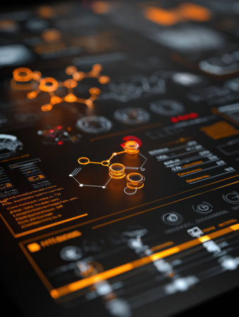 A touchscreen science board showcases interactive glowing infographics and molecular diagrams, designed for educational purposes in a modern setting.の素材