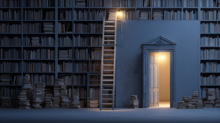 A tall ladder connects extensive stacks of books to a glowing door in a serene library, hinting at adventure and knowledge waiting to be discovered.の素材