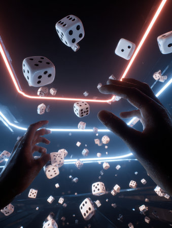 Hands are actively tossing dice in a virtual reality casino setting, with a futuristic vibe accentuated by floating dice and neon lighting effects.の素材