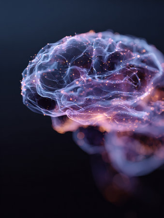 A holographic representation of a futuristic AI brain is displayed, featuring vibrant data streams and a defined empty space to inspire new ideas.の素材