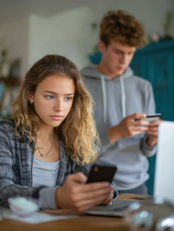 A teenager appears focused on their phone while another teen stands behind them, also holding a device. An uncomfortable trust brews in the room.の素材
