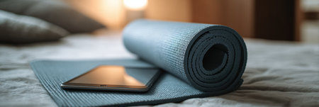 Rolled yoga mat is placed next to a reading tablet on a clean surface, creating a motivational space for personal development and morning routines.の素材