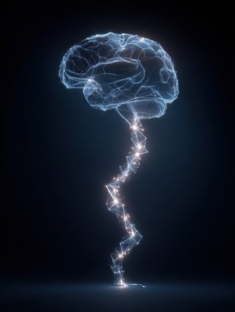 The visual representation depicts a light trail that connects a heart and a brain, symbolizing the balance of emotions and logic for personal growthの素材