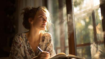 A girl reflects on her thoughts with a journal in hand, inspired by the warm sunlight filling the room as she writes and contemplates ideas.の素材