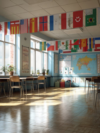 A bright classroom with flags and educational posters fosters an engaging environment for students to explore cultures and languages.の素材