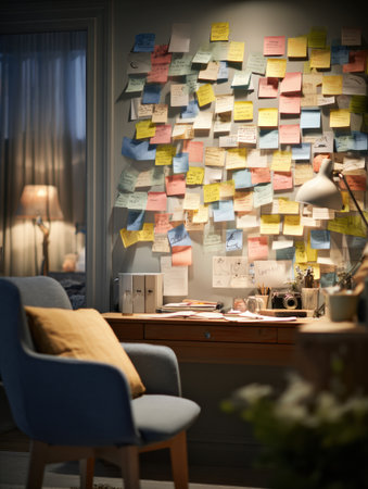 This home office showcases a vision board adorned with sticky notes, a cozy chair, and warm lighting creating an inviting workspace atmosphere.の素材