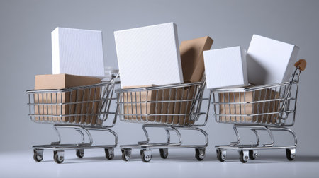 Multiple shopping carts showcase various blank product packaging mockups against a well-lit studio backdrop, emphasizing design and presentation.の素材