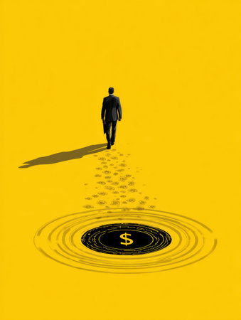 Businessman walks toward a dollar sign trap in a symbolic representation of greed and risk on a vivid yellow background, highlighting choices he faces.の素材