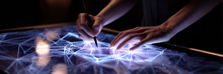Hands manipulate an interactive touchscreen desk filled with geometry tools while glowing lines form complex 3D shapes in a dimly lit environment.の素材
