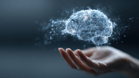 A digital brain hovers above an outstretched hand, symbolizing the convergence of human intellect and artificial intelligence, against a blurred backdrop.の素材
