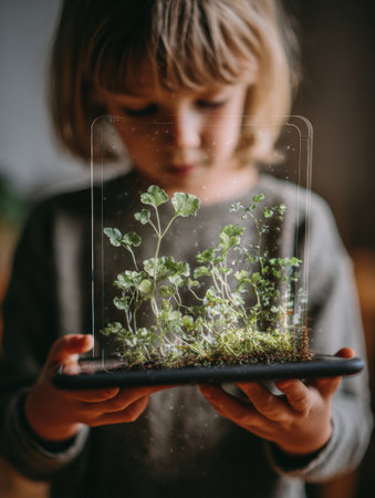 Child engages with a tablet displaying augmented reality plants, capturing a moment of curiosity and imagination in a cozy indoor environment.の素材