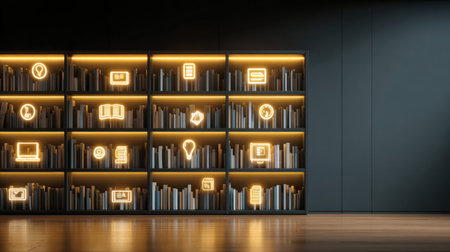 A bright interior showcases a modern library with sleek digital shelves illuminated by glowing book icons, creating a welcoming space for reading and learning.の素材