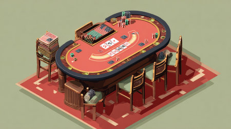 Casino table showcases a well-organized layout with dealt cards and chips, inviting players to enjoy a thrilling gaming experience during peak hoursの素材