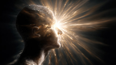 A surreal depiction showcases a human profile with radiant energy emanating from the head, symbolizing confidence and intellect in abstract artの素材