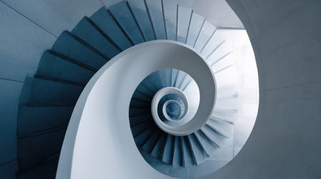 Unique architectural design features a spiral staircase resembling a brain when viewed from above, showcasing sleek lines and spacious surrounding.の素材
