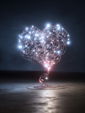 A captivating visualization illustrates a light trail linking a heart and a brain, symbolizing the intricate relationship between emotions and logic.の素材