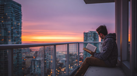 At sunrise, a student sits on a balcony engaged in reading a motivational book, surrounded by a serene skyline and colorful morning light.の素材