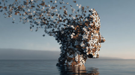 A head made of puzzle pieces hovers above still waters, with one piece missing, creating a tranquil and thought-provoking visual in a serene environment.の素材