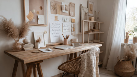 A study cozy area showcases a vision board adorned with post-its and affirmations, surrounded by neutral decor and natural elements for motivationの素材