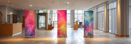 Brightly colored roller banner stands are positioned in a spacious office lobby featuring soft lighting and a contemporary design during daytime hours.の素材