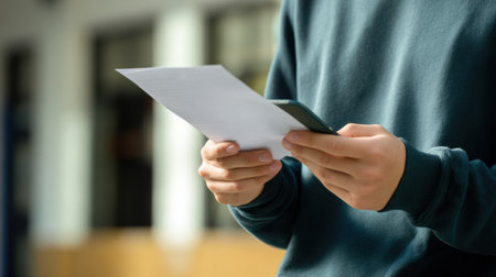 Feeling a wave of relief, a student checks exam results on their mobile device while holding a printed document in a clean and simple environmentの素材